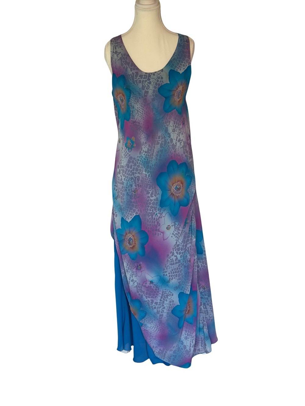 A Wild Thyme vintage Y2K Sleeveless Blue Purple Floral Maxi Dress split